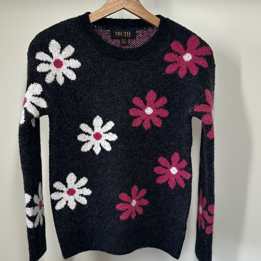 Truth By Republic Black Sweater with Pink and White Floral Accents xsmall